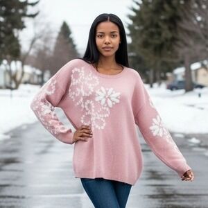 Nina‎ Leonard XL Sweater Heavy Knit Pink White Snowflake Stretch L/S Round Neck